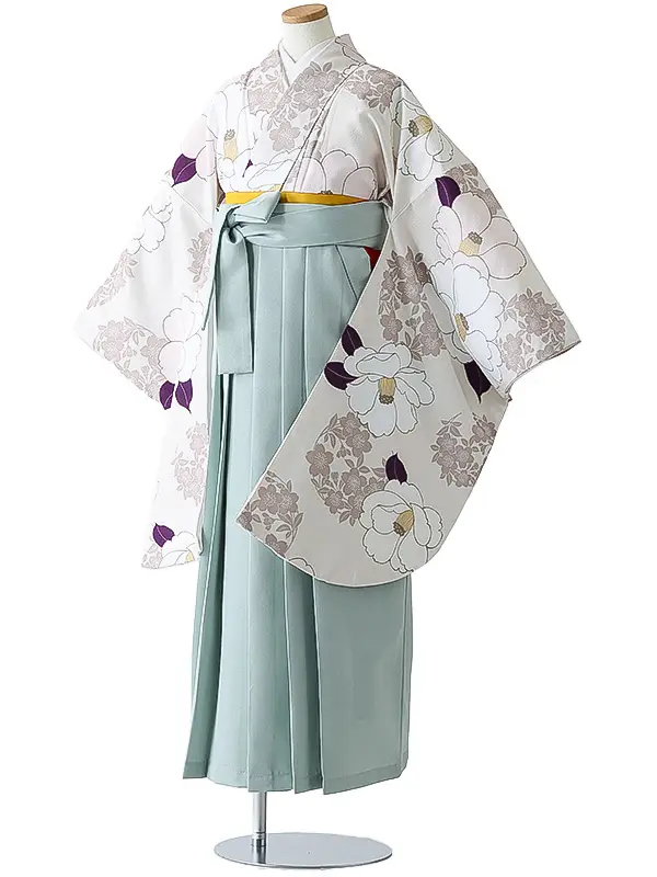 小学校卒業式ジュニア袴女0167 アイボリー 椿 花模様