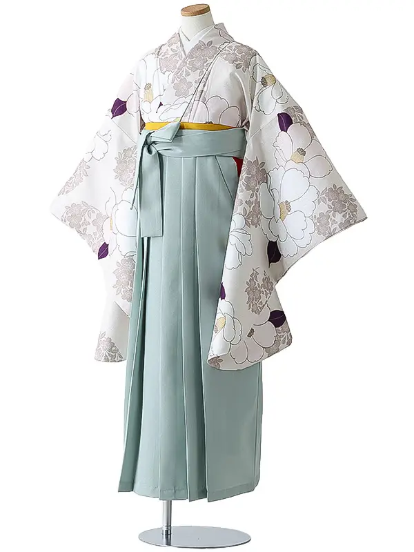 小学校卒業式ジュニア袴女0167 アイボリー 椿 花模様