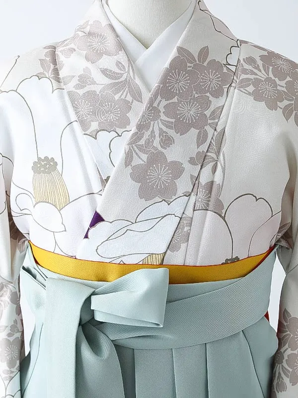 小学校卒業式ジュニア袴女0167 アイボリー 椿 花模様