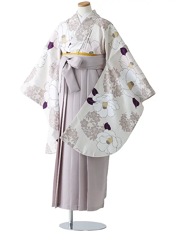 小学校卒業式ジュニア袴女0168 アイボリー 椿 花模様