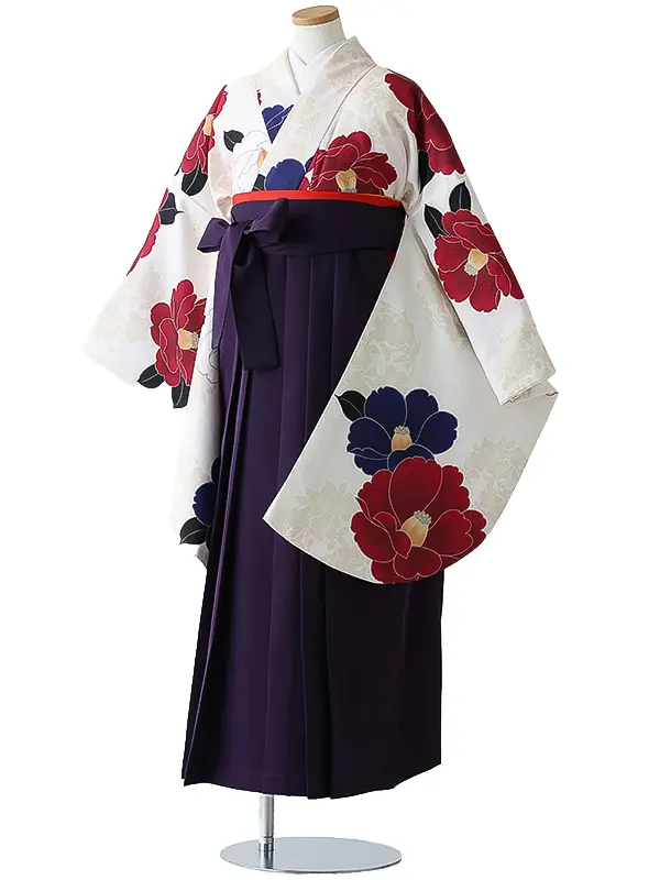 小学校卒業式ジュニア袴女0169 アイボリー 赤 椿