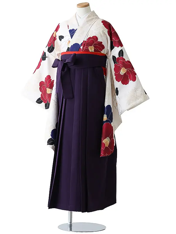 小学校卒業式ジュニア袴女0169 アイボリー 赤 椿