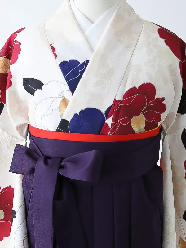小学校卒業式ジュニア袴女0169 アイボリー 赤 椿
