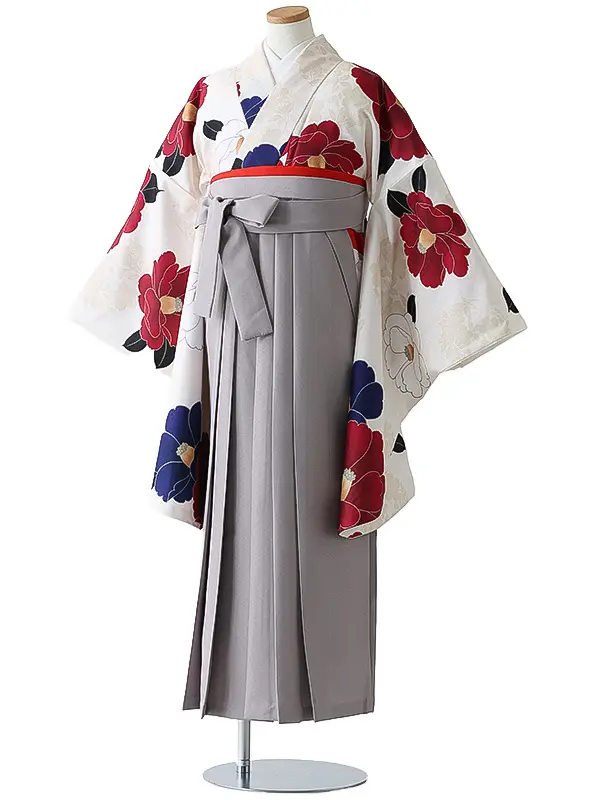 小学校卒業式ジュニア袴女0170 アイボリー 赤 椿