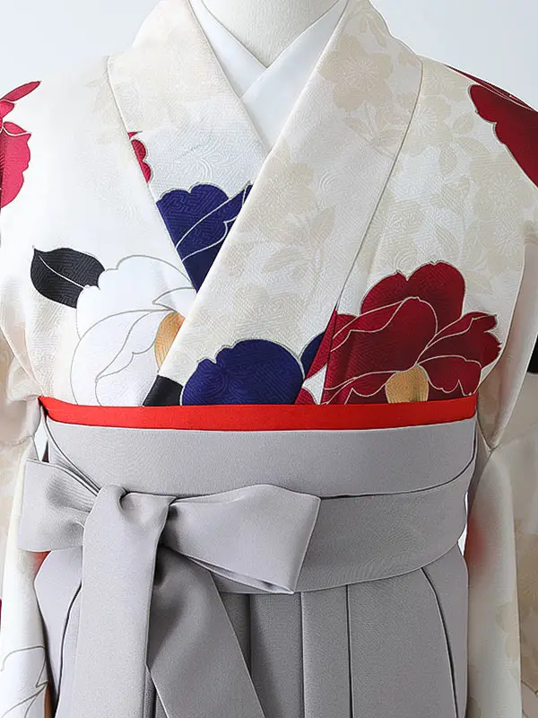 小学校卒業式ジュニア袴女0170 アイボリー 赤 椿