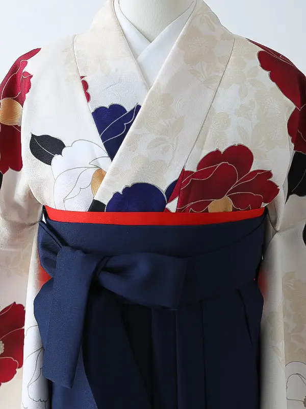 小学校卒業式ジュニア袴女0171 アイボリー 赤 椿