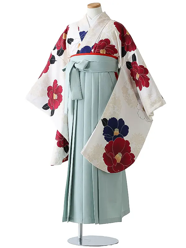 小学校卒業式ジュニア袴女0172 アイボリー 赤 椿