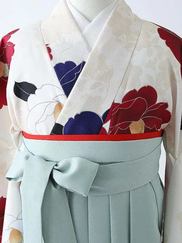 小学校卒業式ジュニア袴女0172 アイボリー 赤 椿