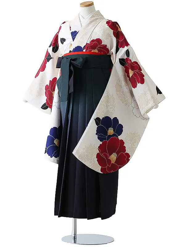小学校卒業式ジュニア袴女0173 アイボリー 赤 椿