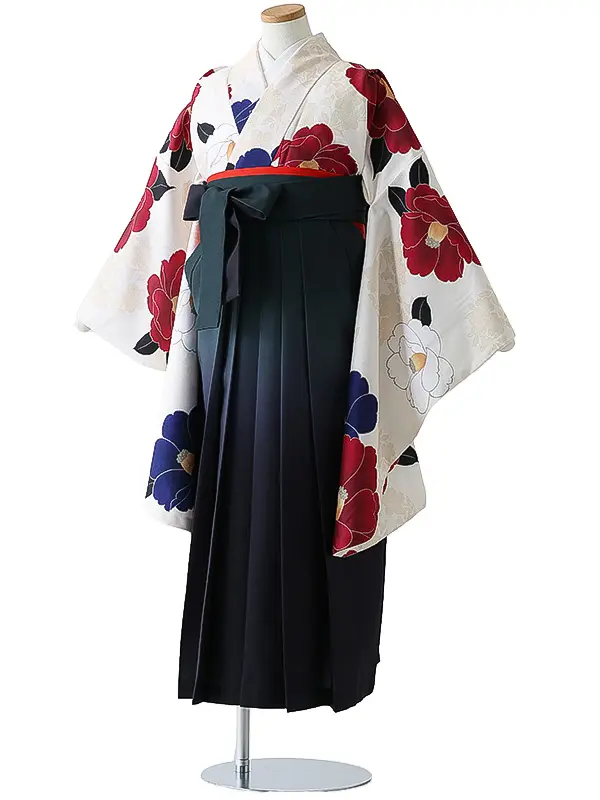 小学校卒業式ジュニア袴女0173 アイボリー 赤 椿