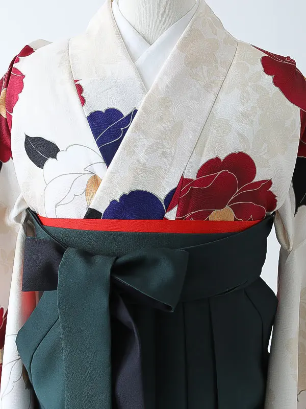 小学校卒業式ジュニア袴女0173 アイボリー 赤 椿