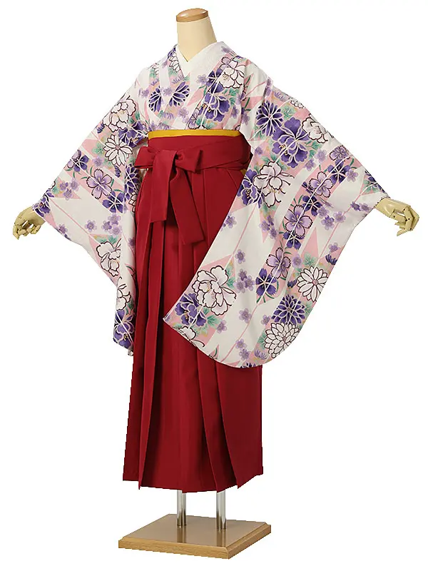 小学校卒業式ジュニア袴女0174 白 紫 花模様