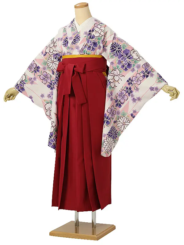 小学校卒業式ジュニア袴女0174 白 紫 花模様