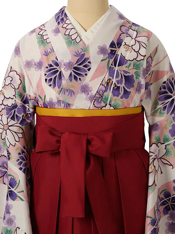 小学校卒業式ジュニア袴女0174 白 紫 花模様