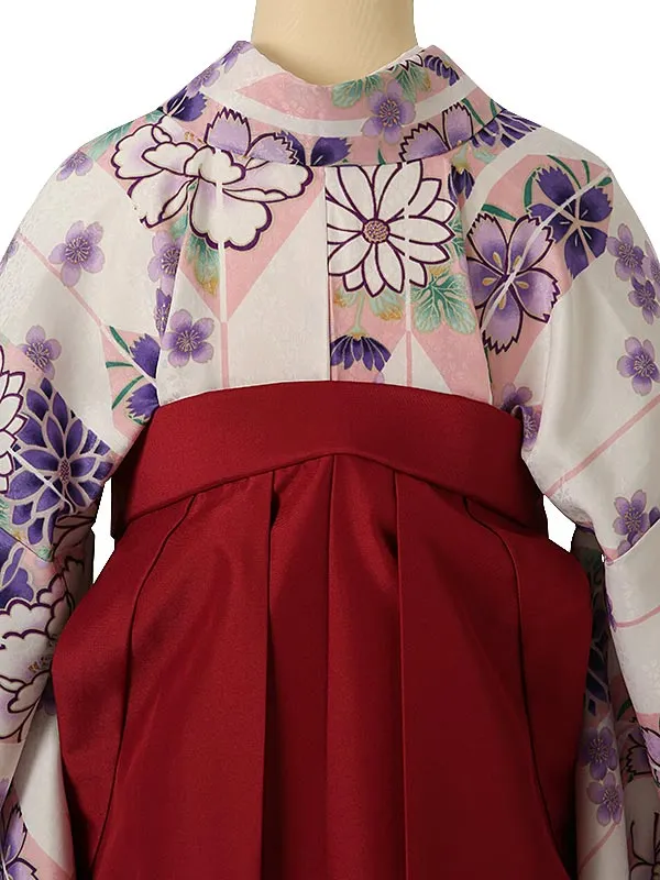 小学校卒業式ジュニア袴女0174 白 紫 花模様