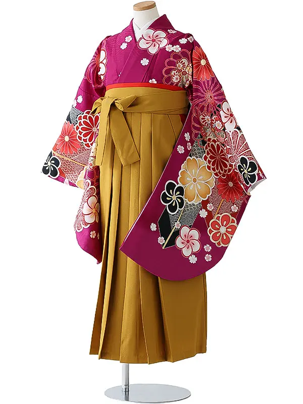小学校卒業式ジュニア袴女0175 赤紫 梅 花模様