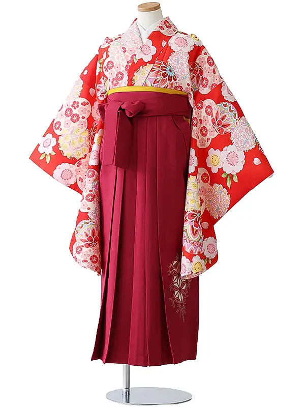 小学校卒業式ジュニア袴女0178 赤 ピンク 鞠 花模様