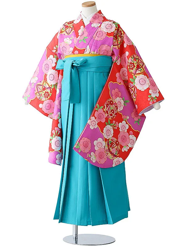 小学校卒業式ジュニア袴女0179 赤 ピンク 鞠 花模様