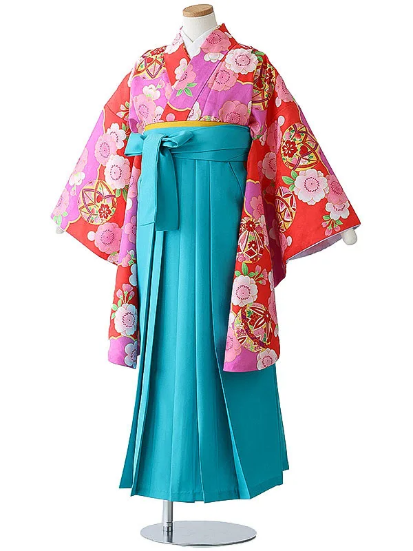 小学校卒業式ジュニア袴女0179 赤 ピンク 鞠 花模様