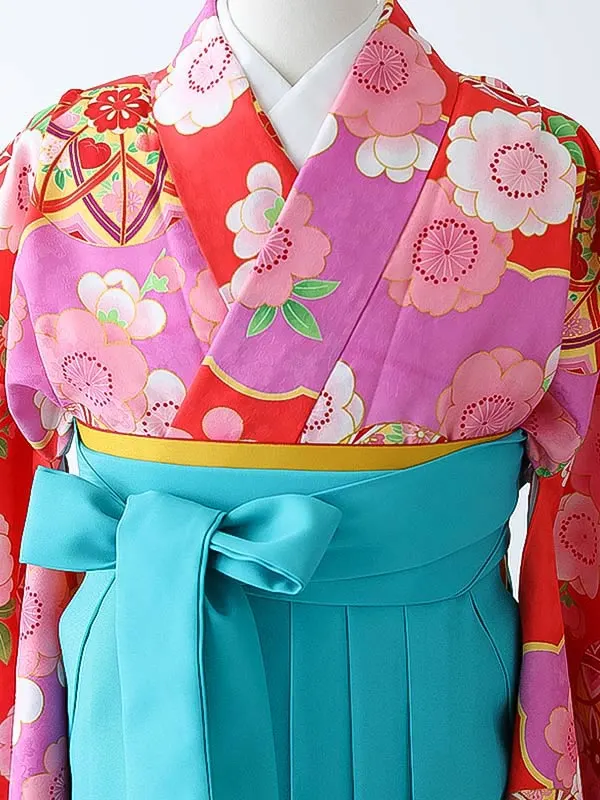 小学校卒業式ジュニア袴女0179 赤 ピンク 鞠 花模様