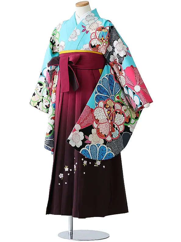 小学校卒業式ジュニア袴女0180 水色 黒 ねじり梅 菊