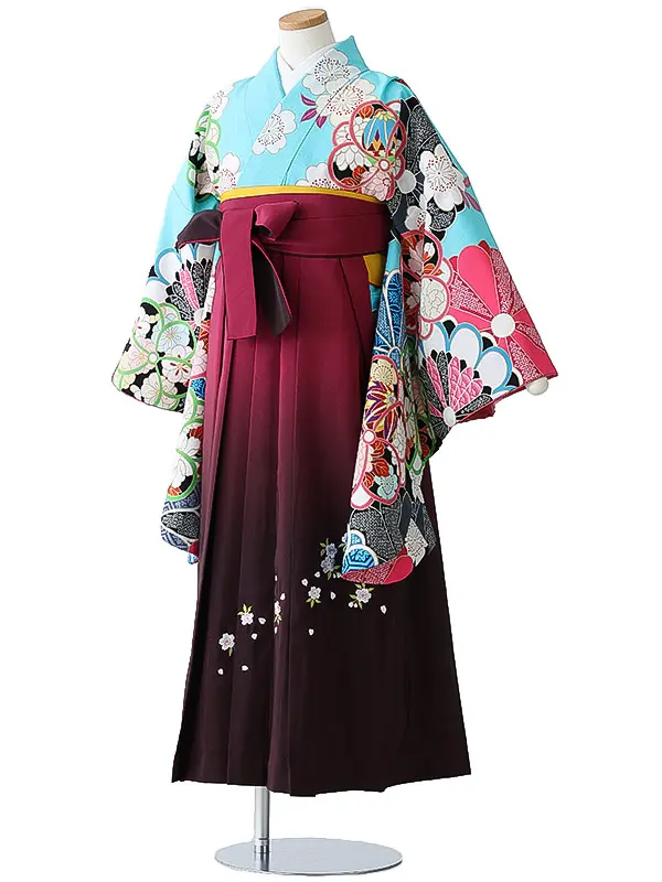 小学校卒業式ジュニア袴女0180 水色 黒 ねじり梅 菊