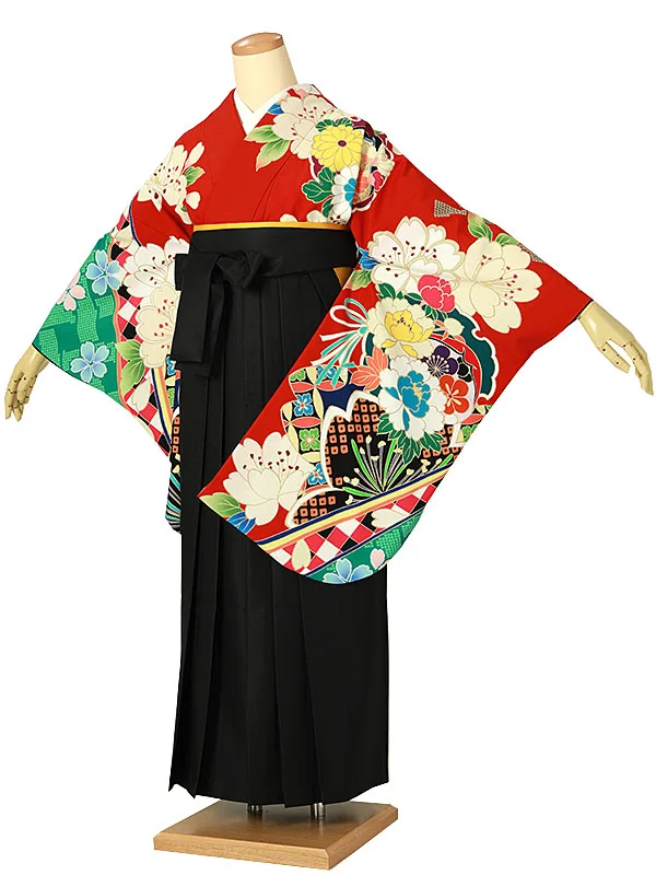 小学校卒業式ジュニア袴女0181 赤 牡丹 花模様