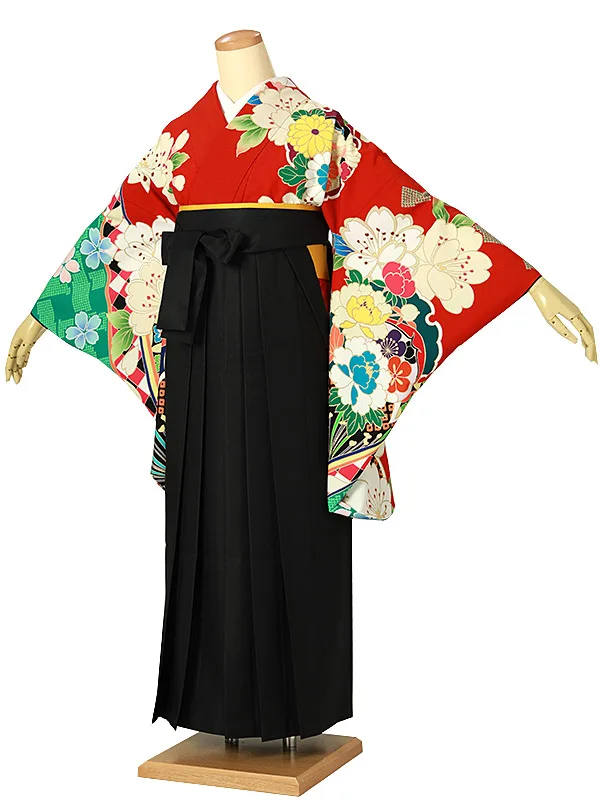 小学校卒業式ジュニア袴女0181 赤 牡丹 花模様