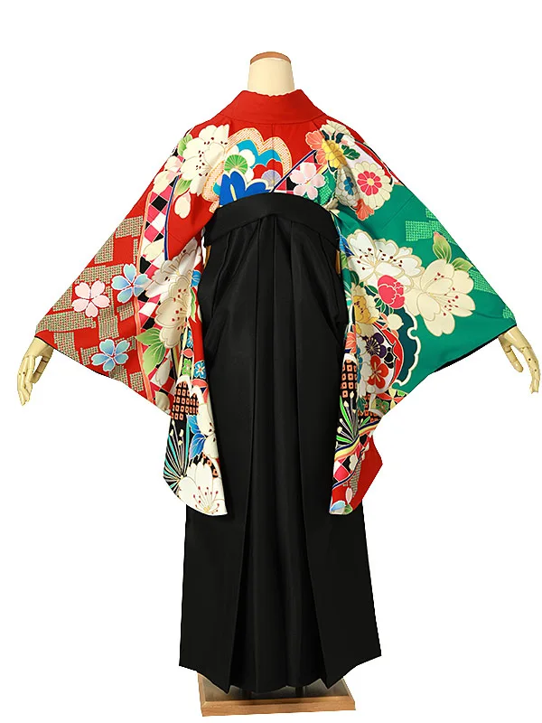 小学校卒業式ジュニア袴女0181 赤 牡丹 花模様