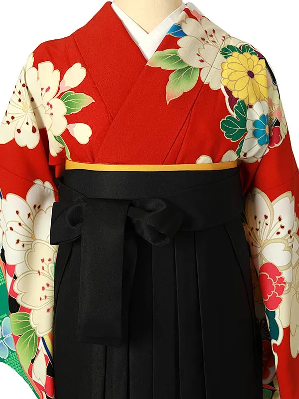 小学校卒業式ジュニア袴女0181 赤 牡丹 花模様