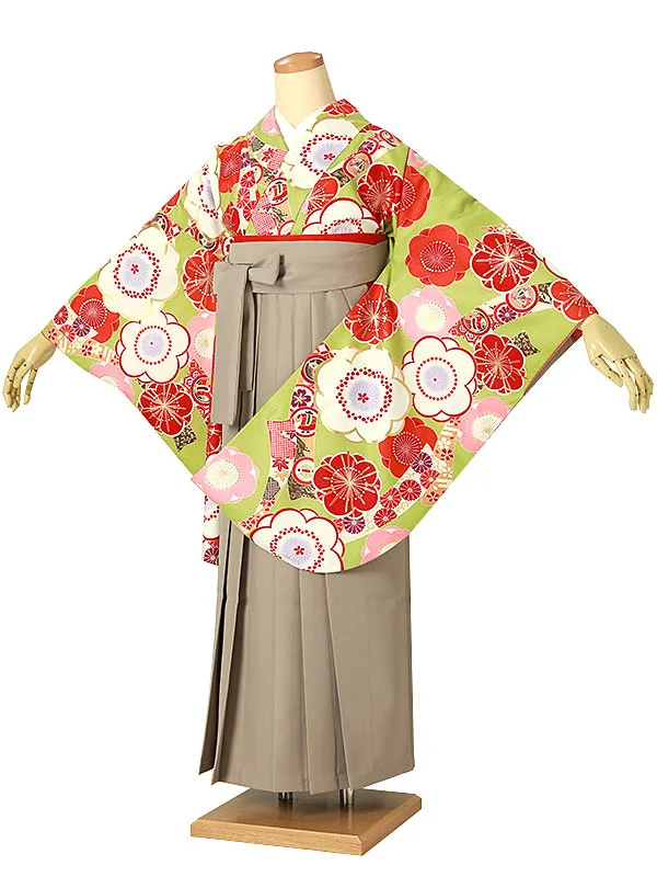 小学校卒業式ジュニア袴女0182 黄緑 赤 梅 熨斗