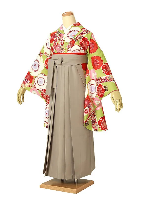 小学校卒業式ジュニア袴女0182 黄緑 赤 梅 熨斗