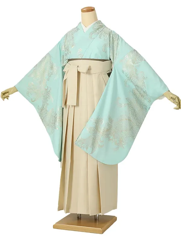 小学校卒業式ジュニア袴女0183 ミント ゴールド ペイズリー