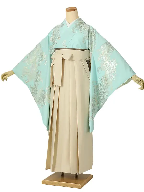 小学校卒業式ジュニア袴女0183 ミント ゴールド ペイズリー