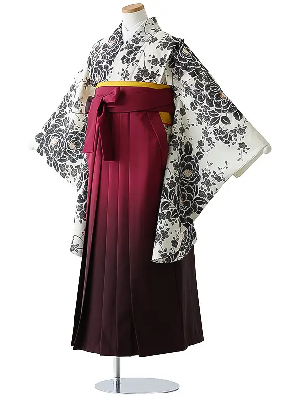 小学校卒業式ジュニア袴女0190 クリーム 黒 牡丹