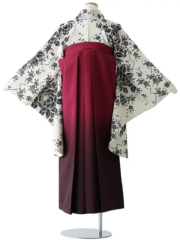 小学校卒業式ジュニア袴女0190 クリーム 黒 牡丹