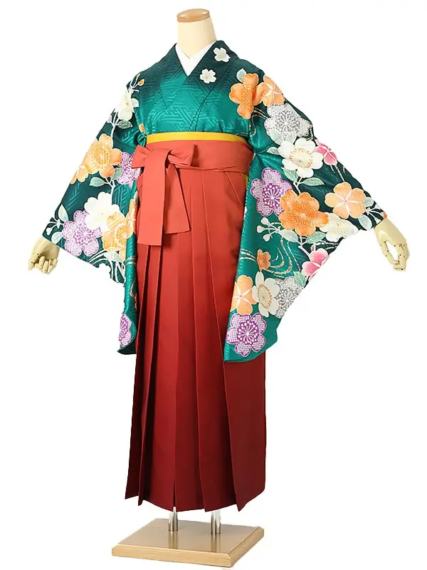 小学校卒業式ジュニア袴女0191 緑 オレンジ 花模様