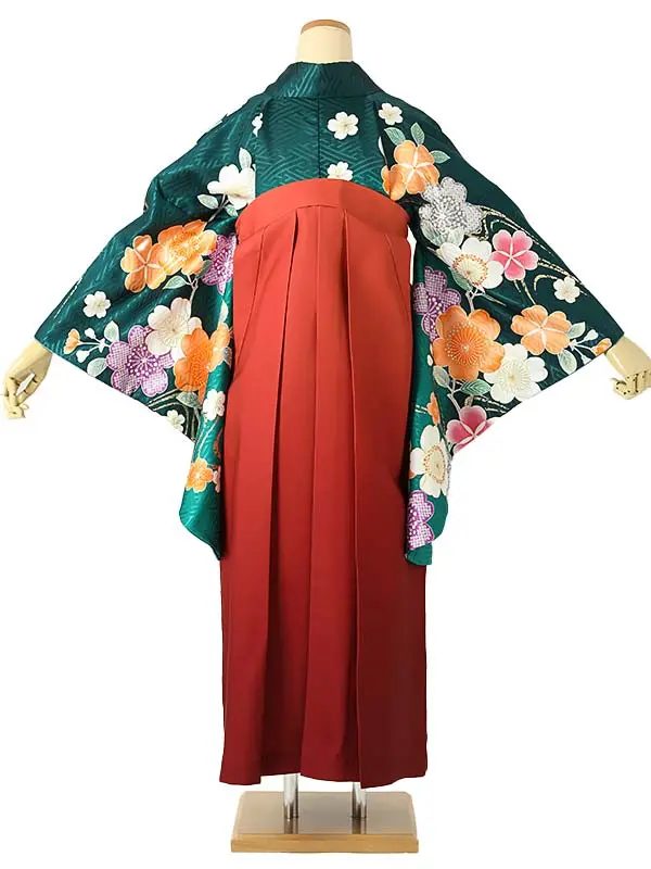 小学校卒業式ジュニア袴女0191 緑 オレンジ 花模様