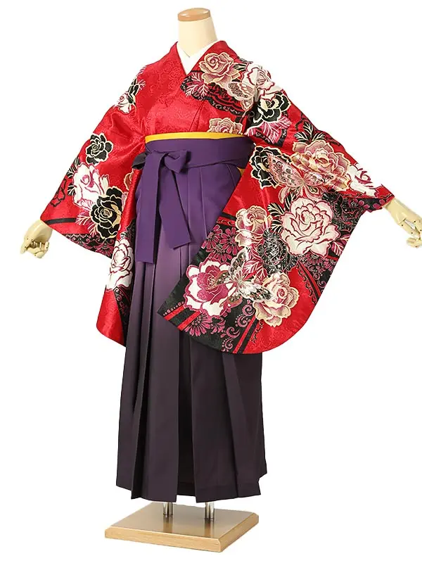 小学校卒業式ジュニア袴女0192 赤 黒 薔薇 蝶