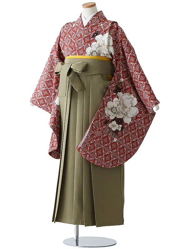 小学校卒業式ジュニア袴女0193 赤 白 花模様