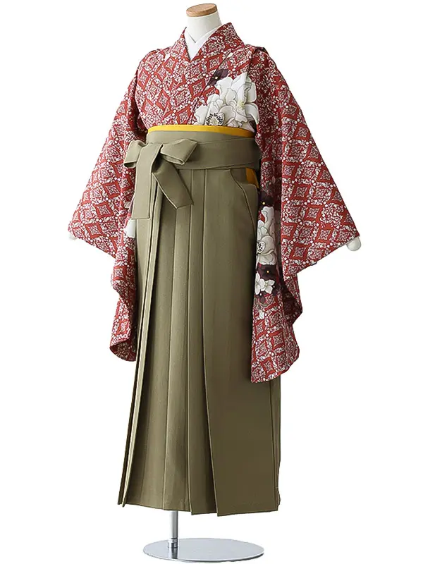 小学校卒業式ジュニア袴女0193 赤 白 花模様
