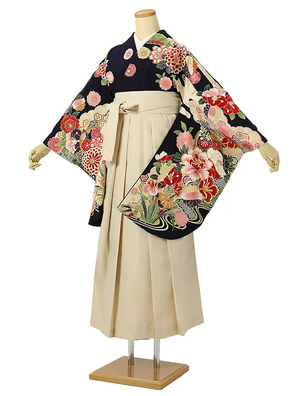 小学校卒業式ジュニア袴女0194 紺 赤 牡丹 花模様