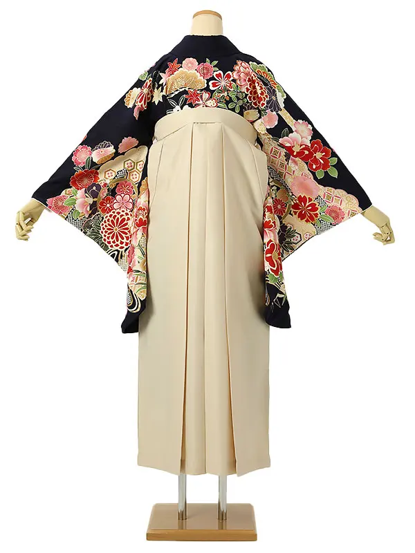 小学校卒業式ジュニア袴女0194 紺 赤 牡丹 花模様