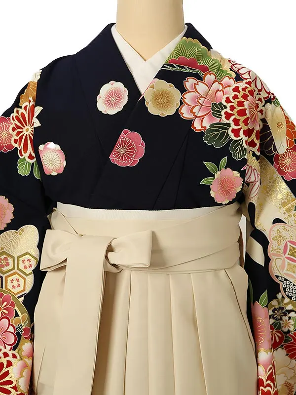 小学校卒業式ジュニア袴女0194 紺 赤 牡丹 花模様