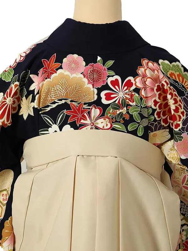 小学校卒業式ジュニア袴女0194 紺 赤 牡丹 花模様