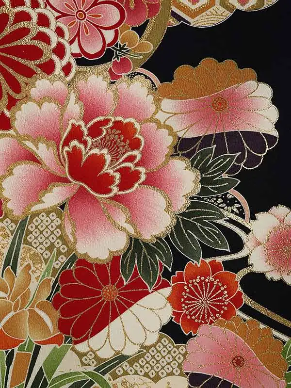 小学校卒業式ジュニア袴女0194 紺 赤 牡丹 花模様