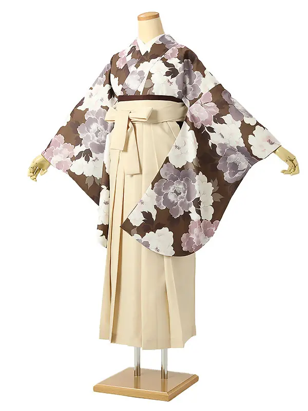 小学校卒業式ジュニア袴女0195 茶 薄紫 花模様