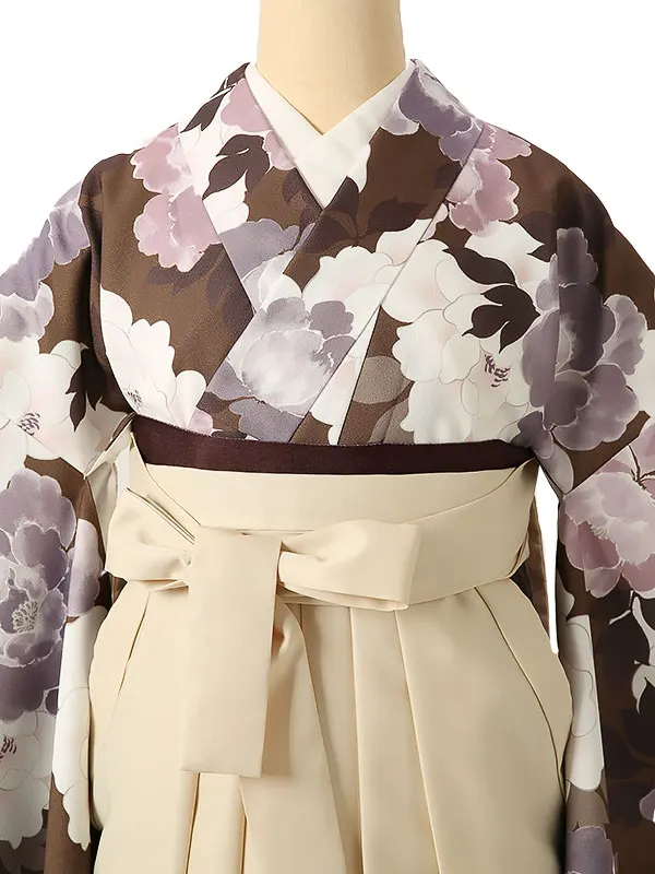 小学校卒業式ジュニア袴女0195 茶 薄紫 花模様