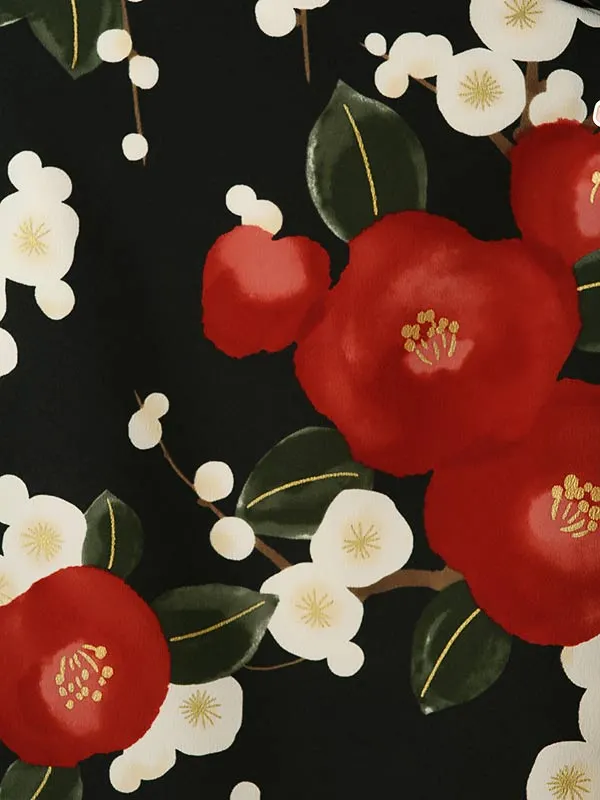 小学校卒業式ジュニア袴女0196 黒 赤 椿