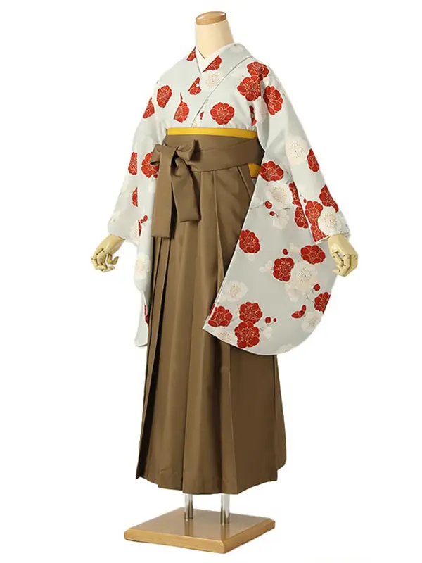 小学校卒業式ジュニア袴女0202 薄グレー 赤 椿